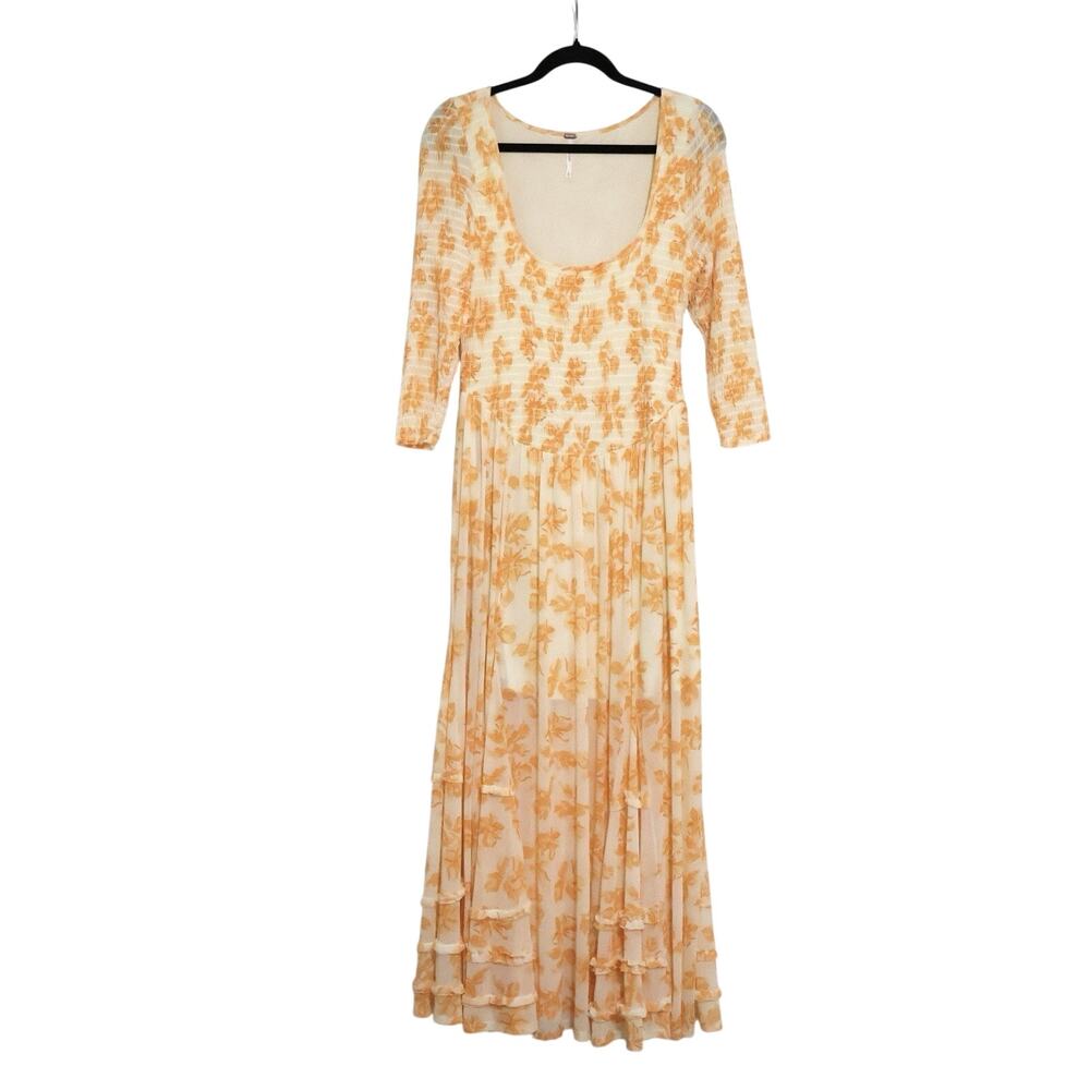 Free People It's Fate Orange Ruffle Smocked Floral Midi Dress M Boho Festival